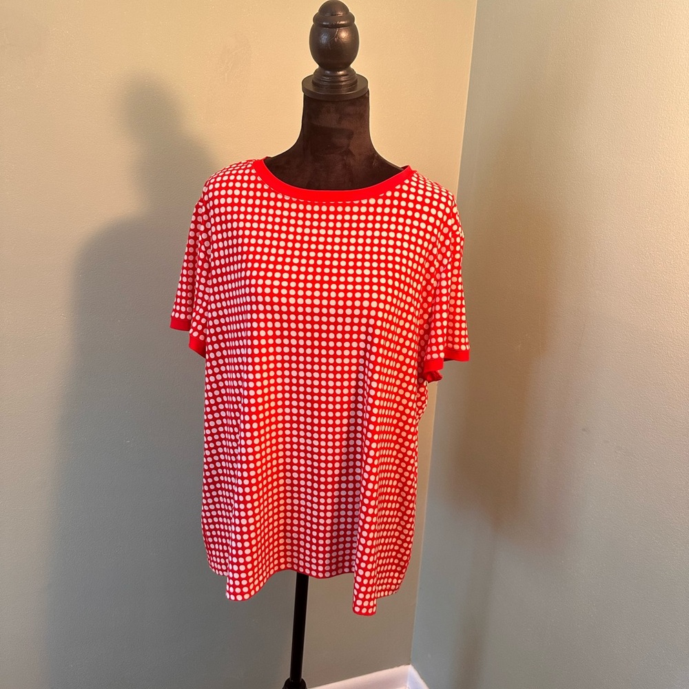 Anne Klein Red and White Polka Dot Mod Style Short Sleeve Top Sz XXL